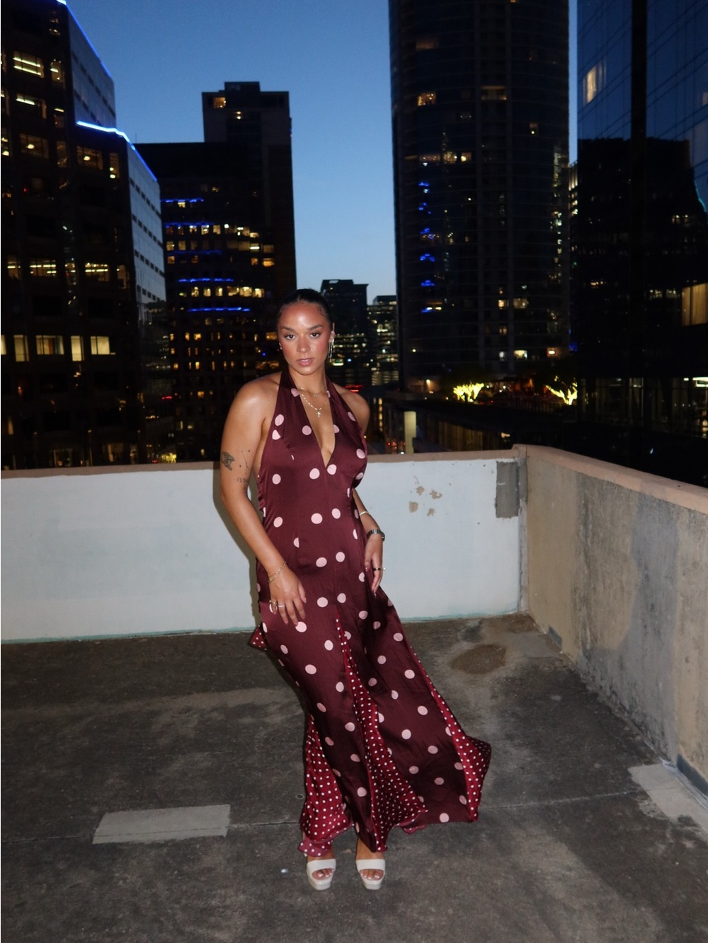 Polka Dot Halter Maxi Dress in Burgundy